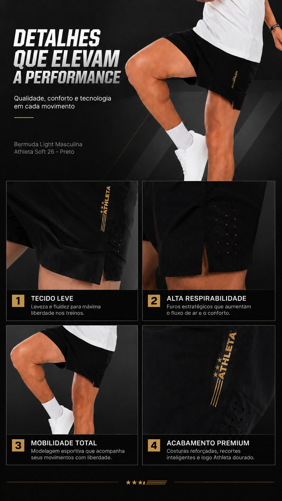 Descrição Bermuda Light Masculina Athleta Soft 26 - Preto