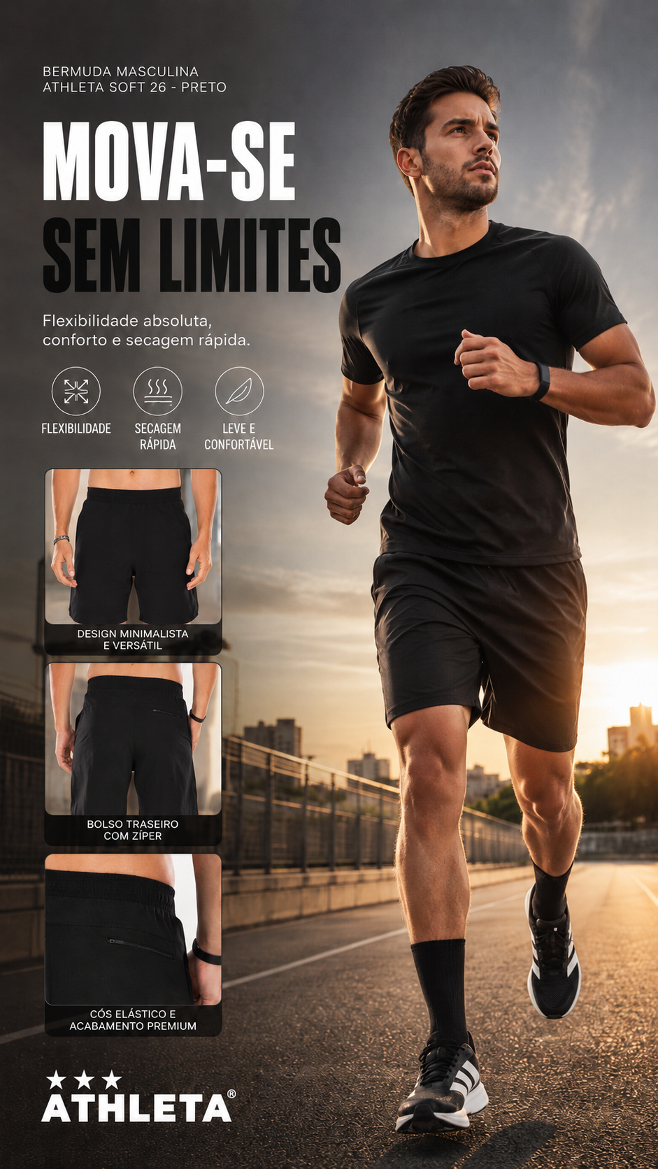  Descrição Bermuda Masculina Athleta Soft 26 - Preto