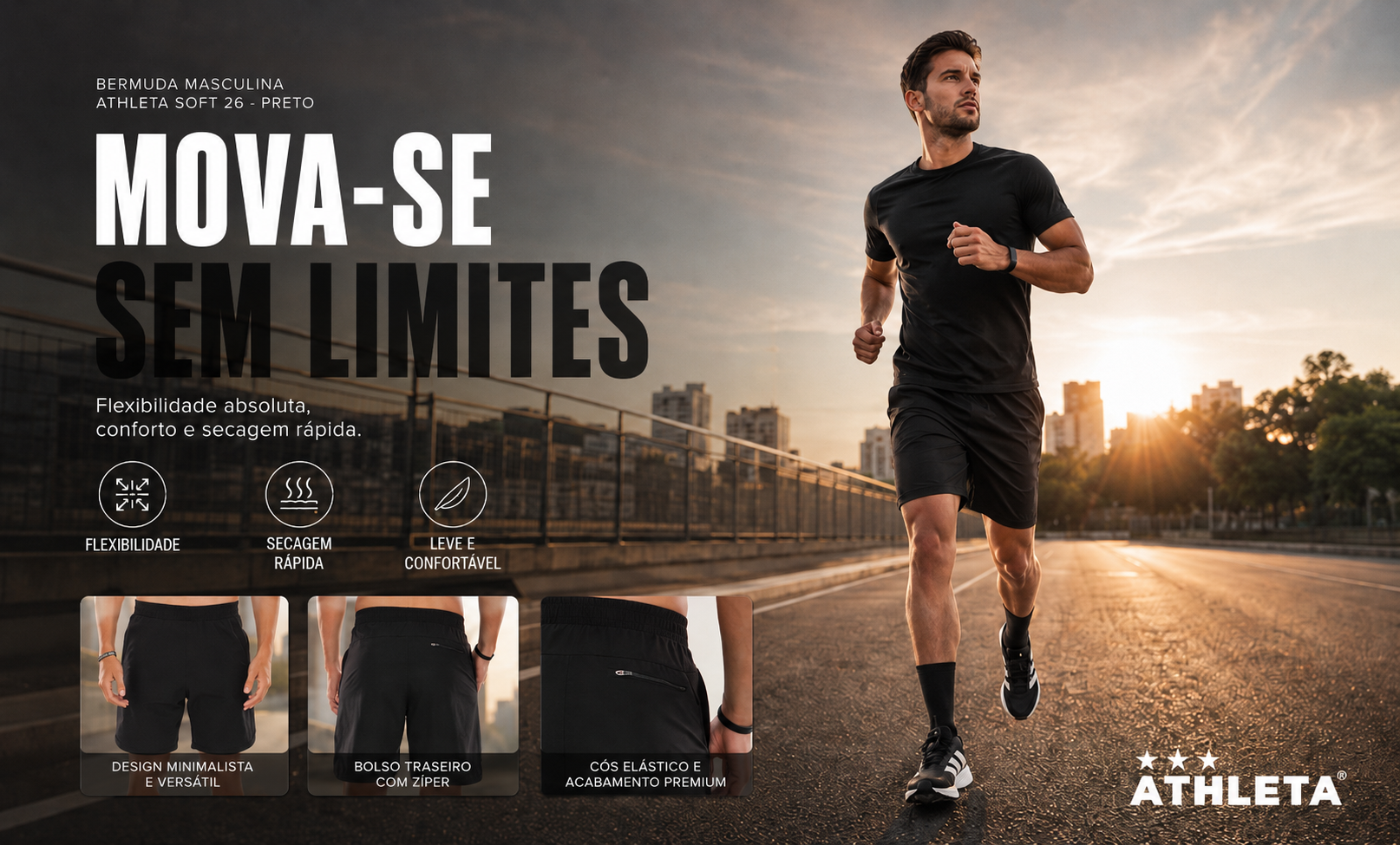  Descrição Bermuda Masculina Athleta Soft 26 - Preto