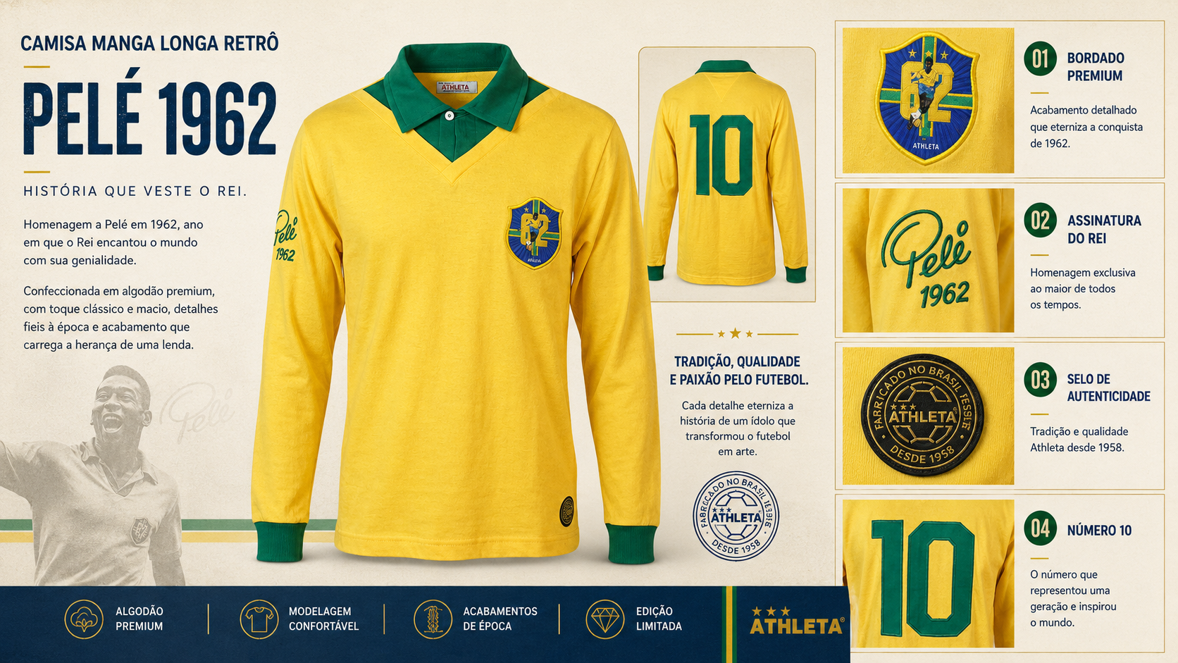  Descrição Camisa Manga Longa Retro Athleta Pelé 1962 - Amarela