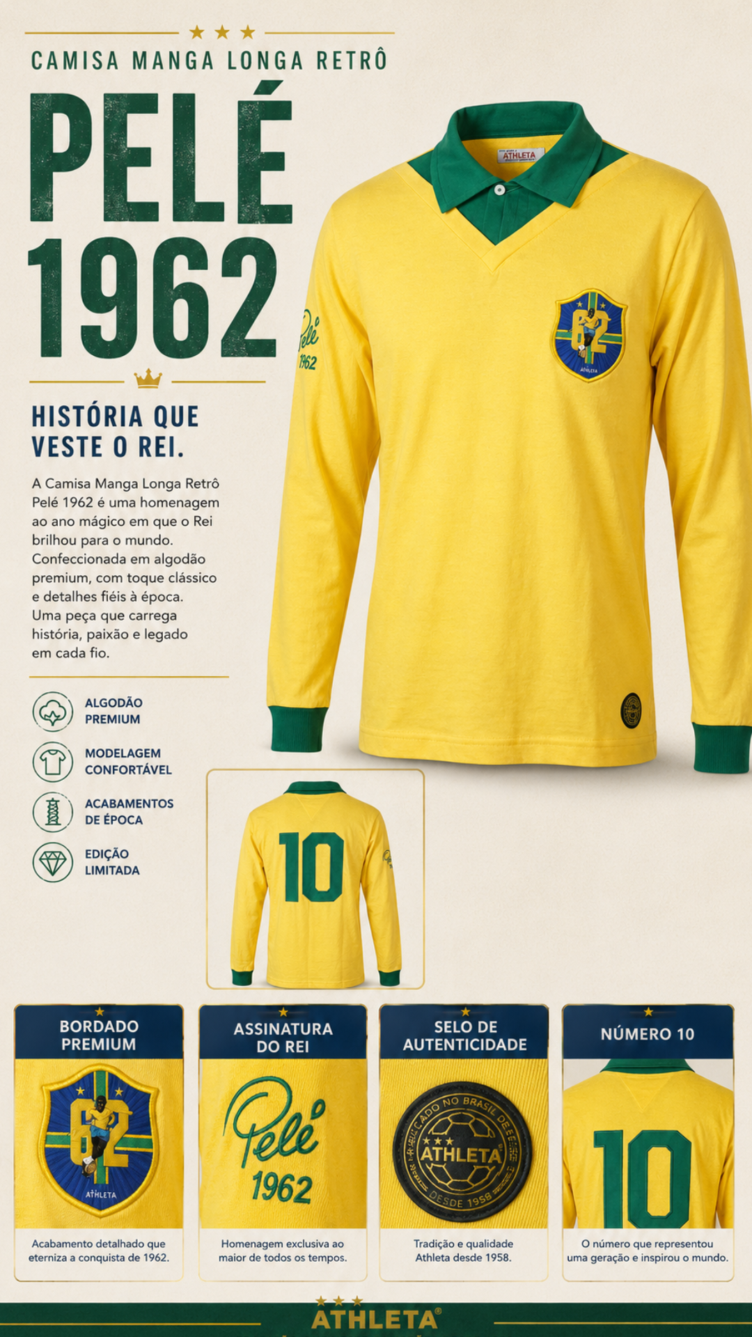 Descrição Camisa Manga Longa Retro Athleta Pelé 1962 - Amarela