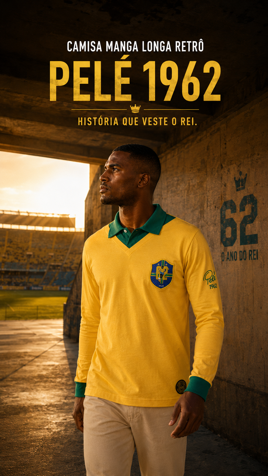  Descrição Camisa Manga Longa Retro Athleta Pelé 1962 - Amarela