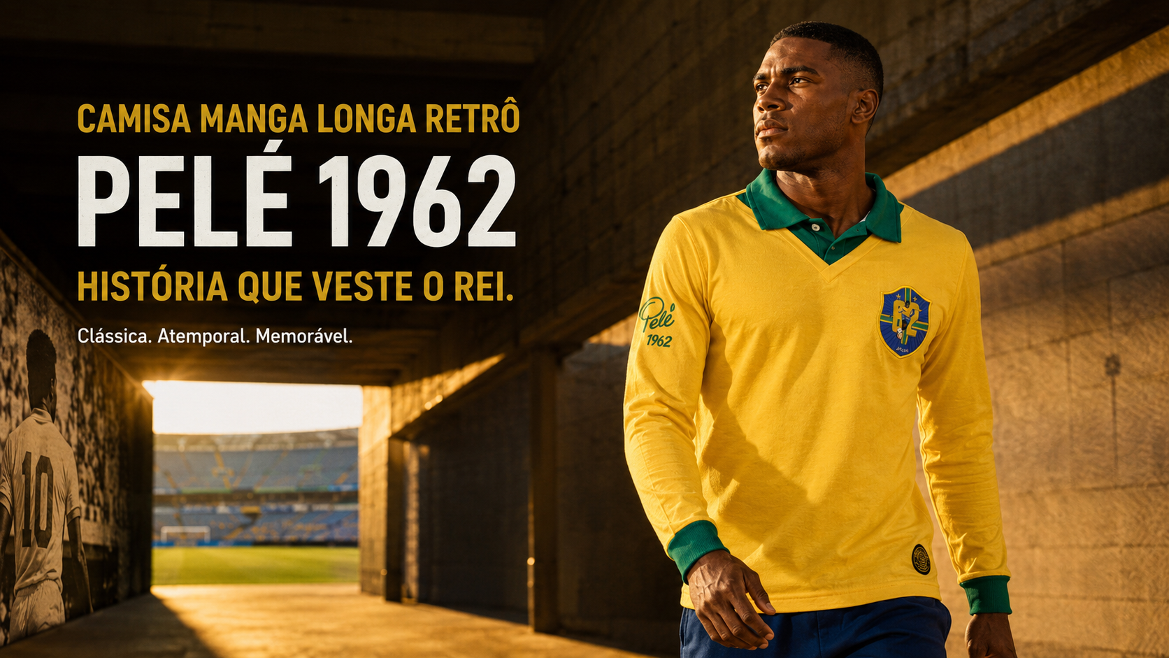  Descrição Camisa Manga Longa Retro Athleta Pelé 1962 - Amarela