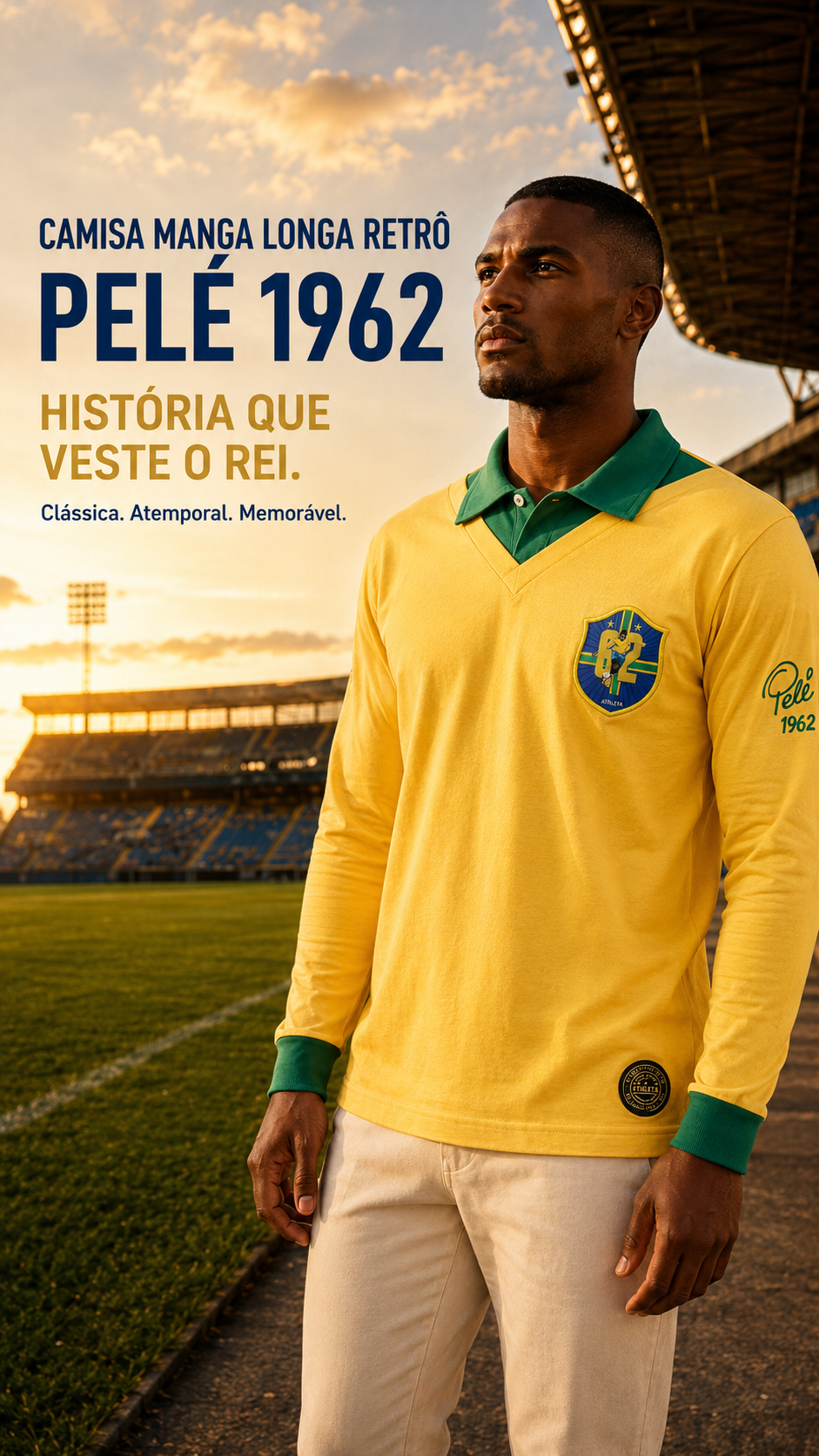  Descrição Camisa Manga Longa Retro Athleta Pelé 1962 - Amarela
