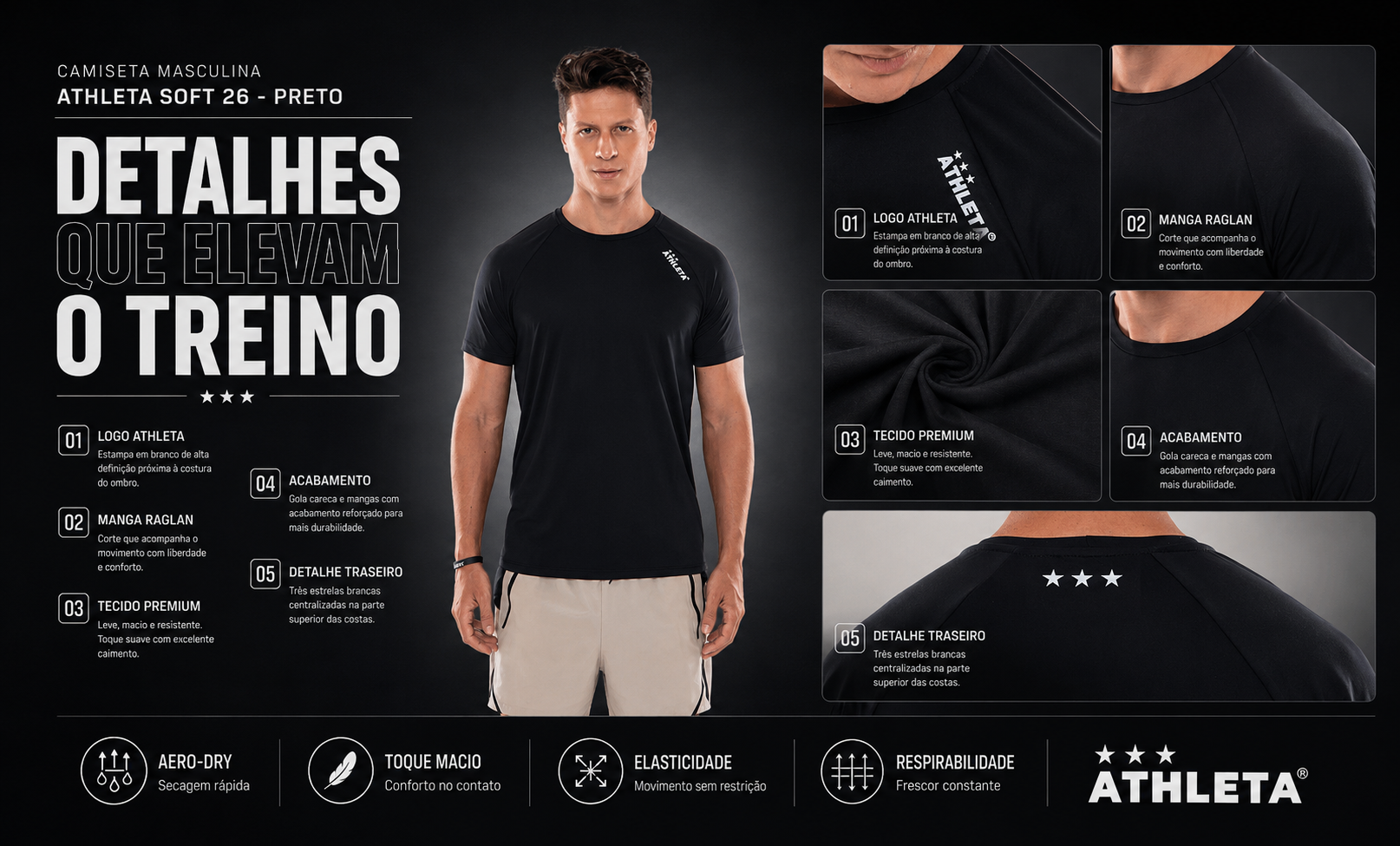  Descrição Camiseta Masculina Athleta Soft 26 - Preto