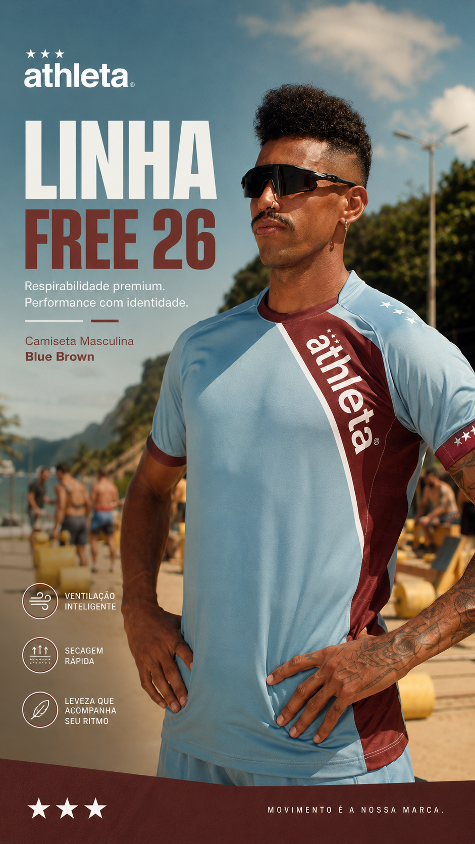  Descrição Camiseta Masculina Linha Free 26 -  Blue Brown