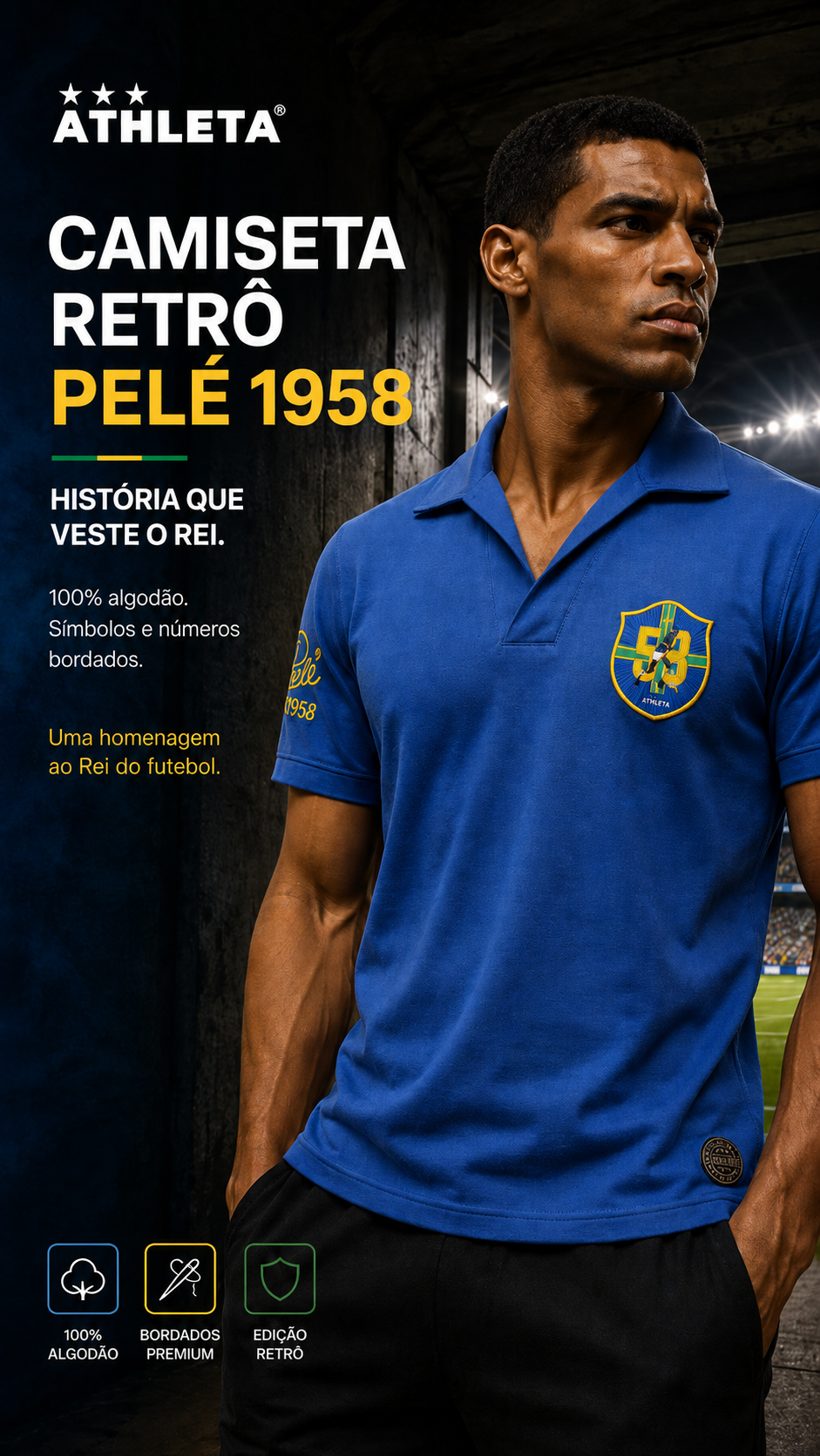  Descrição Camiseta Retro Athleta Pelé 1958 - Azul