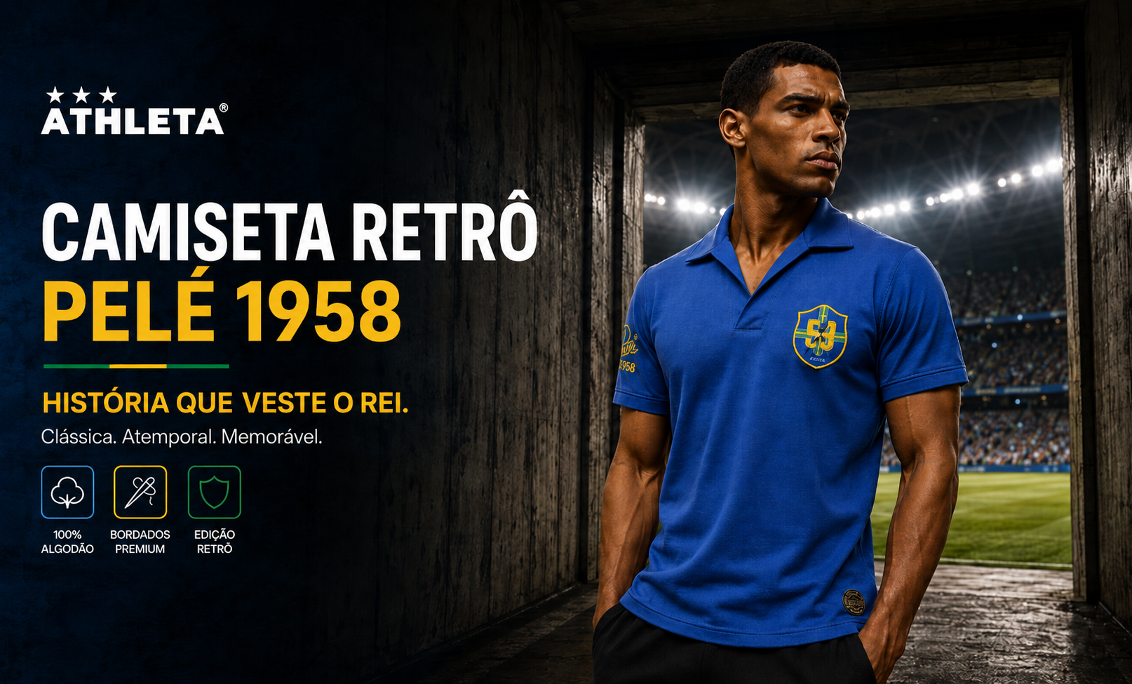  Descrição Camiseta Retro Athleta Pelé 1958 - Azul