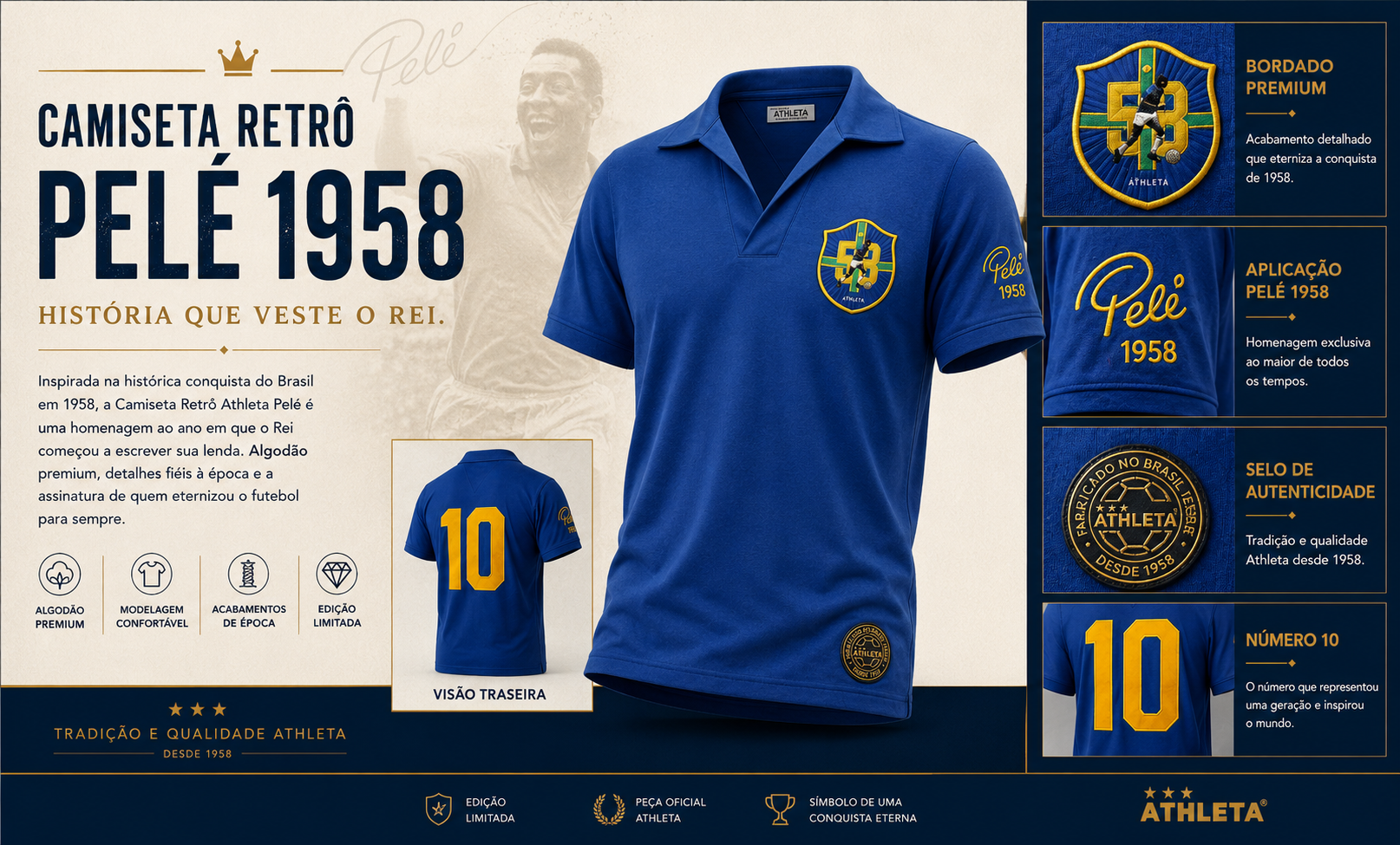  Descrição Camiseta Retro Athleta Pelé 1958 - Azul