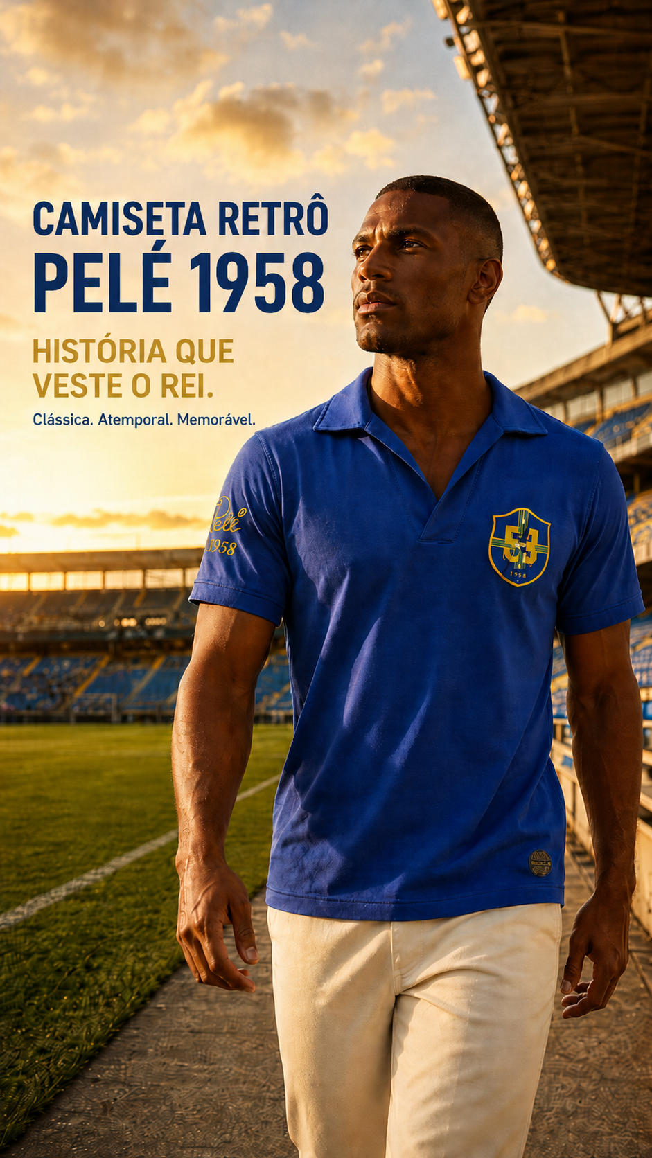  Descrição Camiseta Retro Athleta Pelé 1958 - Azul