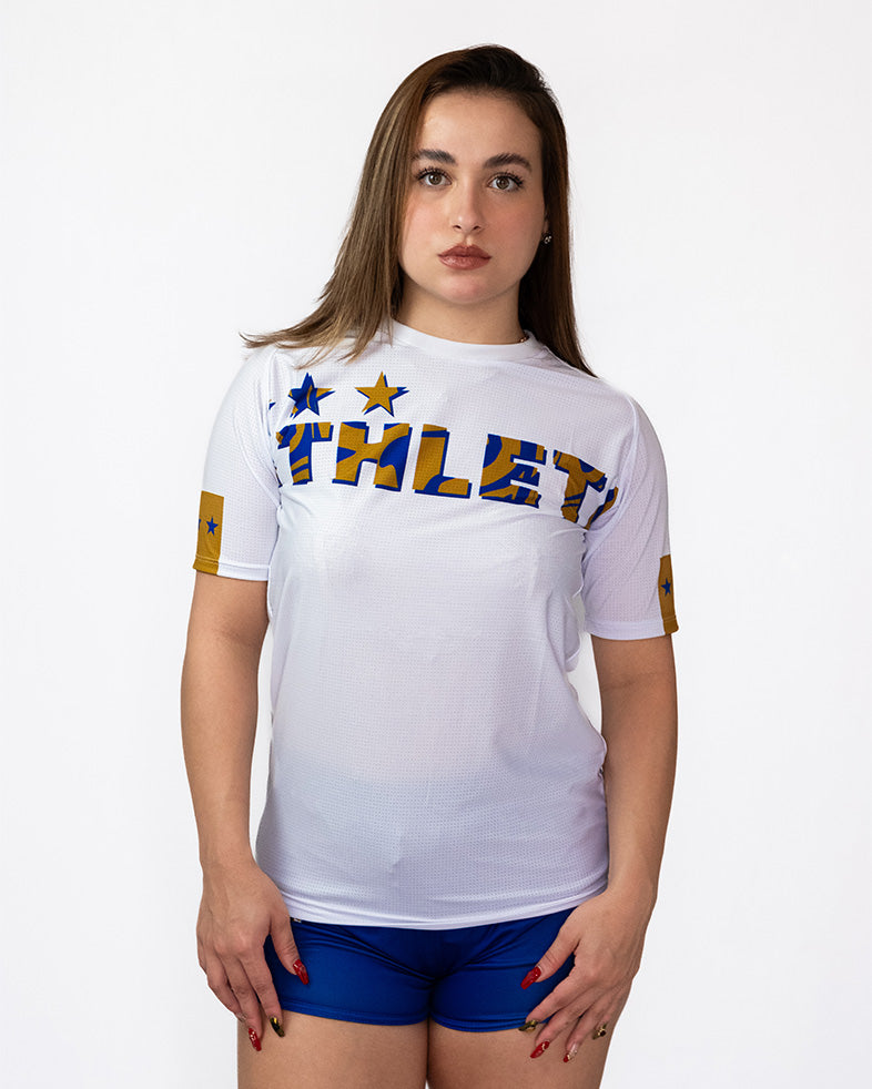 Athleta SS25 Comfort 女款短袖保暖上衣 - 藍白金