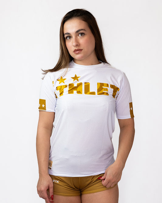 Athleta SS25 Comfort 女款短袖保暖上衣 - 白金色