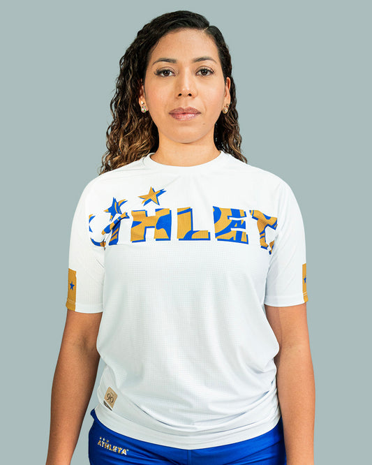 Térmica Manga Curta Feminina Athleta SS25 Confort - Blue White Gold