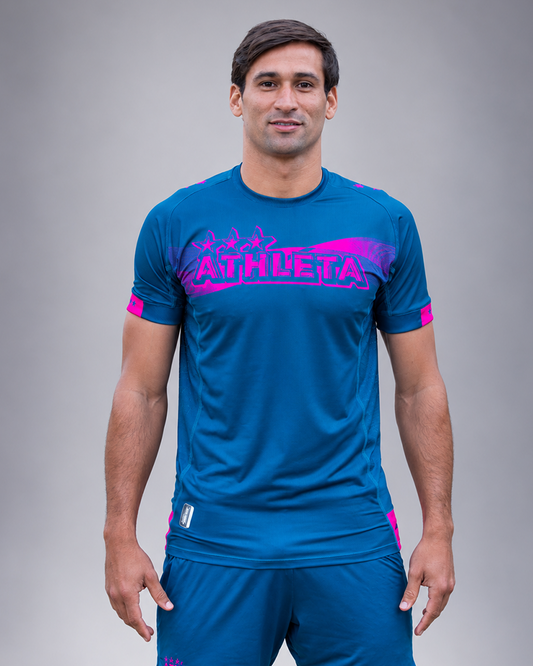 Térmica Manga Curta Masculina Athleta SS27 Futevôlei - Petrol Blue Pink
