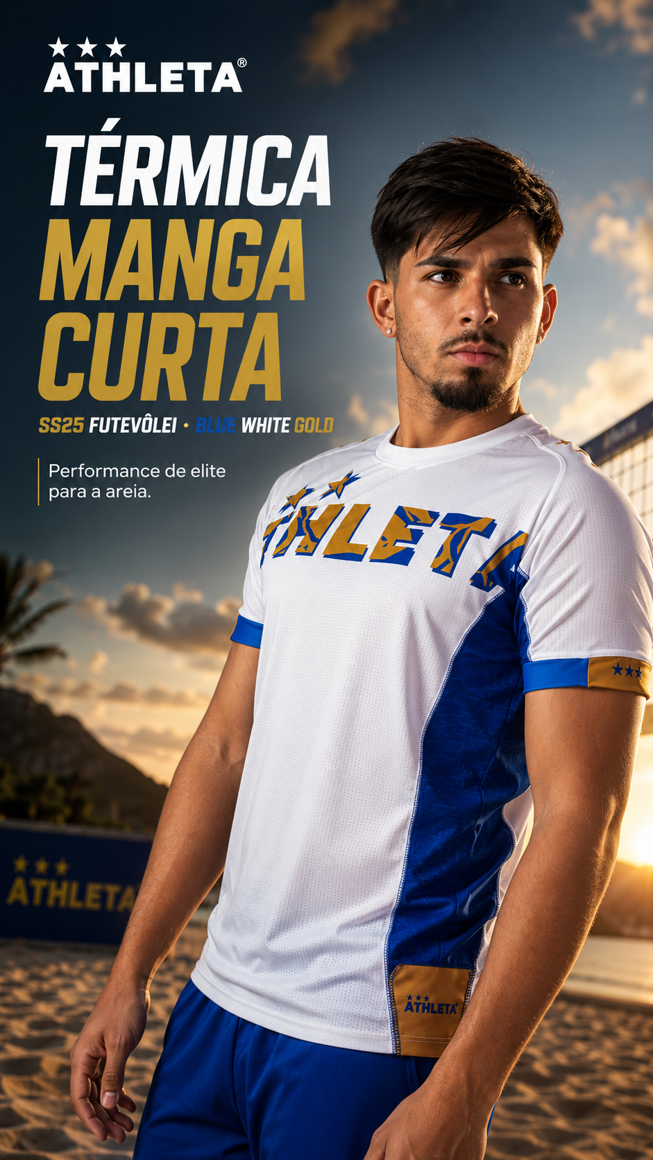  Descrição Térmica Manga Curta Athleta SS25 Futevôlei - Blue White Gold