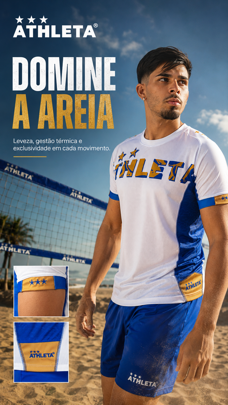  Descrição Térmica Manga Curta Athleta SS25 Futevôlei - Blue White Gold