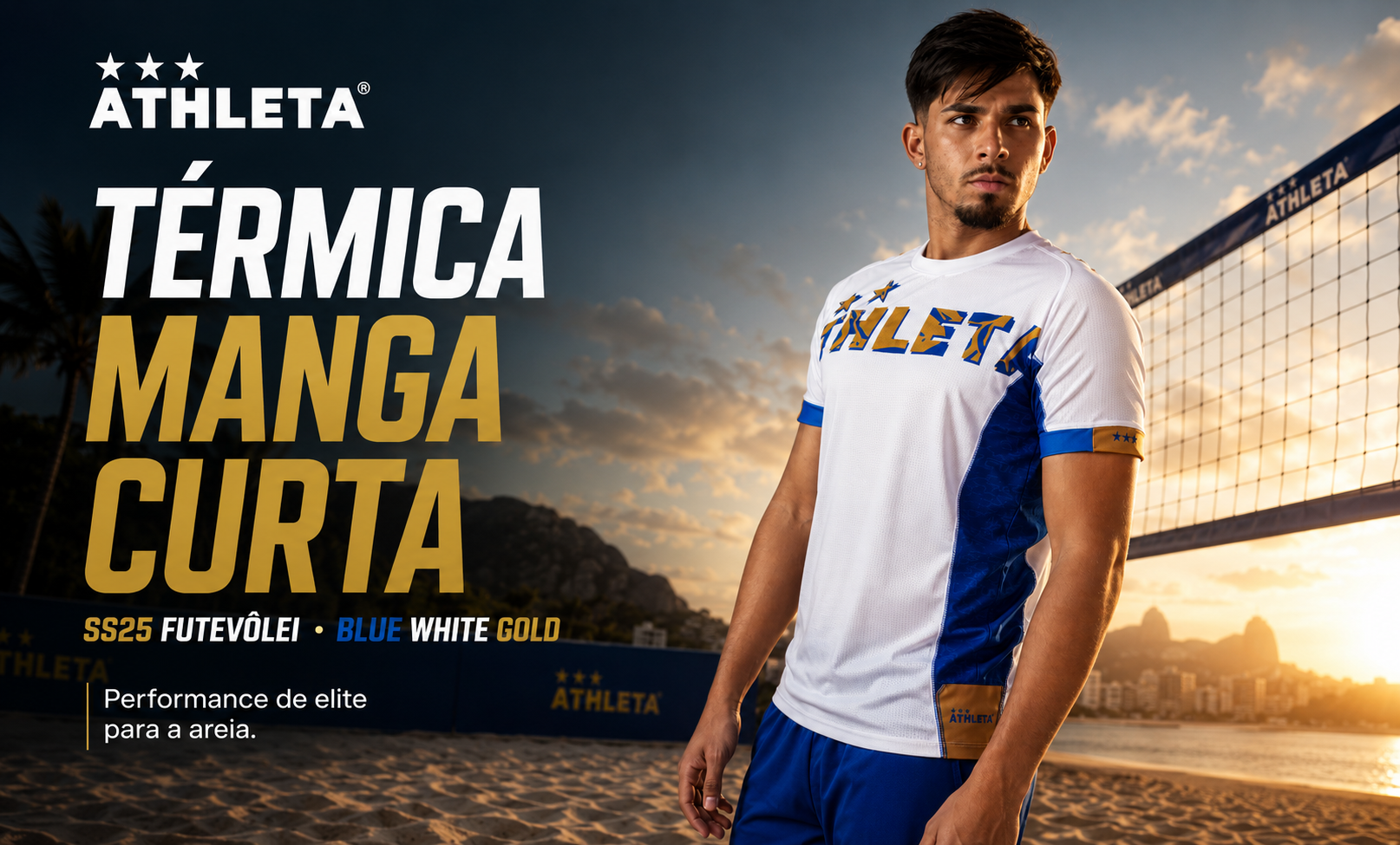  Descrição Térmica Manga Curta Athleta SS25 Futevôlei - Blue White Gold