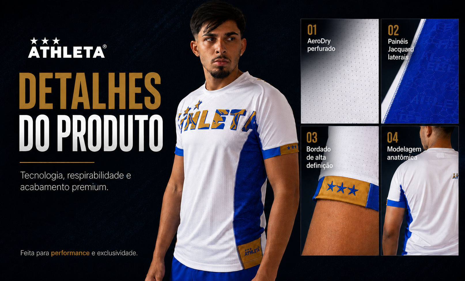  Descrição Térmica Manga Curta Athleta SS25 Futevôlei - Blue White Gold